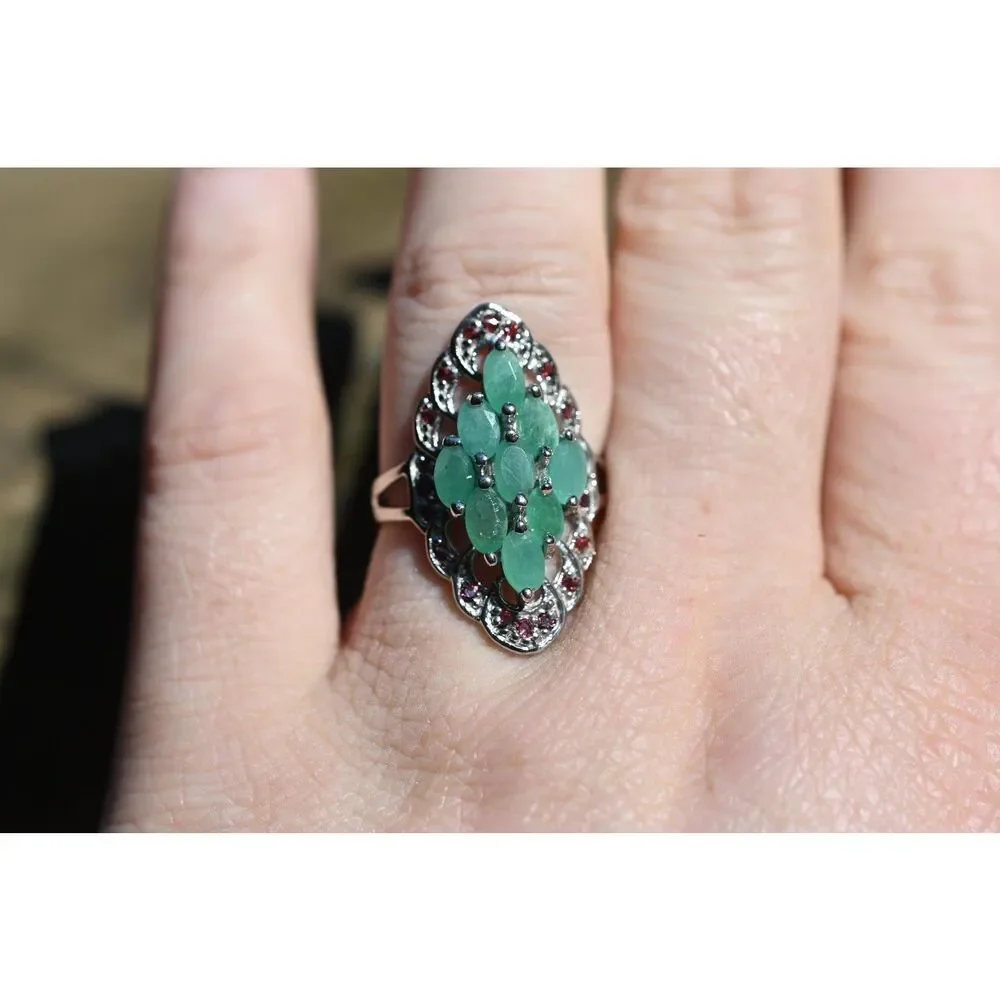 Emerald and garnet engagement ring size 8 in 925 sterling silver